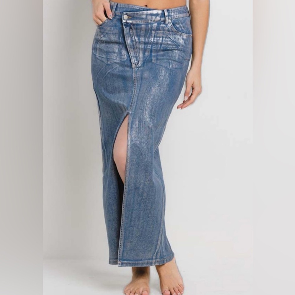 Blue Denim Maxi Skirt with Front Slit